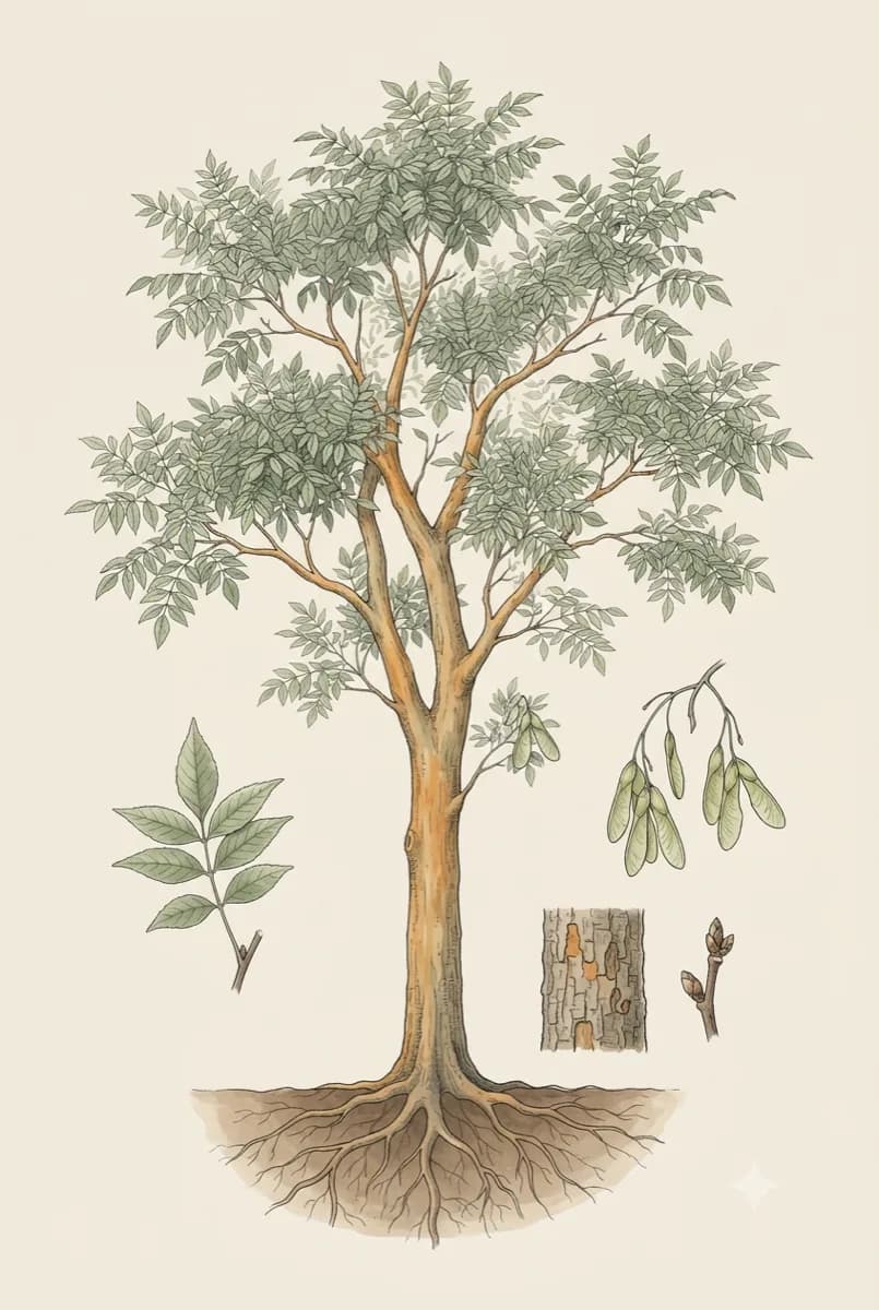 Fresno (Fraxinus uhdei), lámina botánica