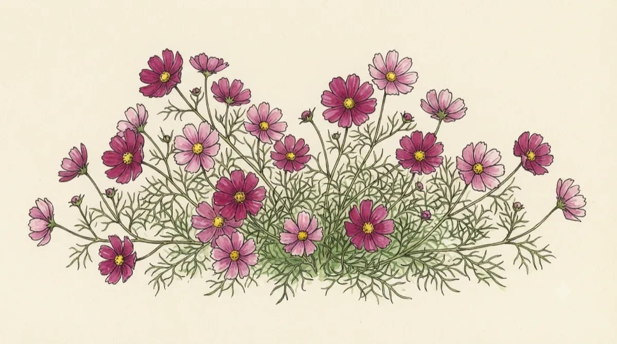 Mirasol (Cosmos bipinnatus), lámina botánica