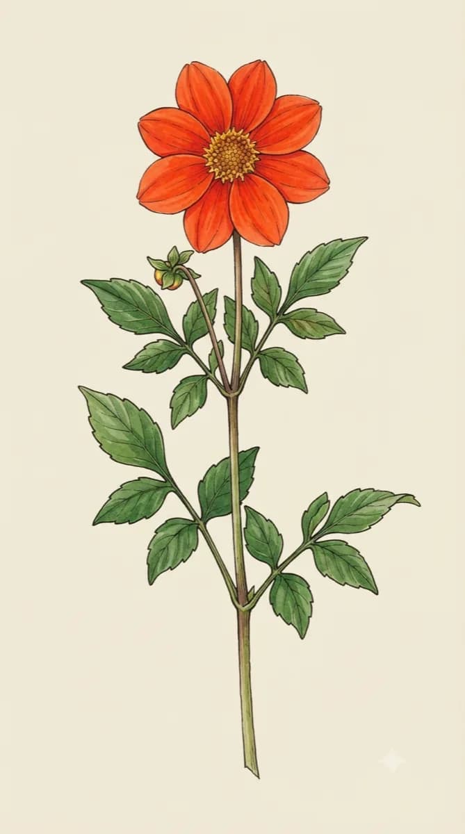 Dalia (Dahlia coccinea), lámina botánica