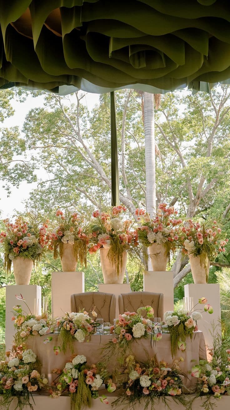 Mesa de novios — Composición floral en superficie y backdrop con jarrones